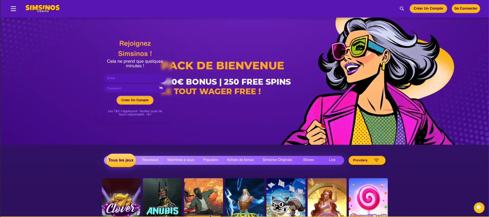 Accueil de Simsinos Casino avec le pack de bienvenue