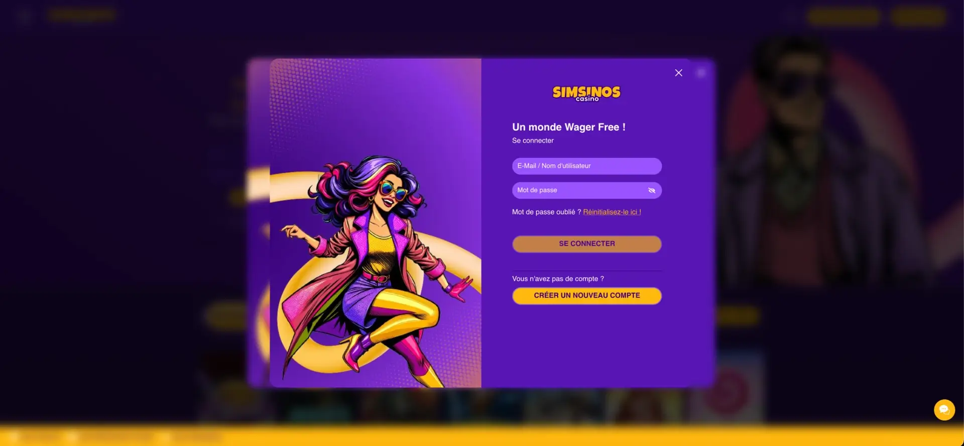 Écran de connexion à Simsinos Casino