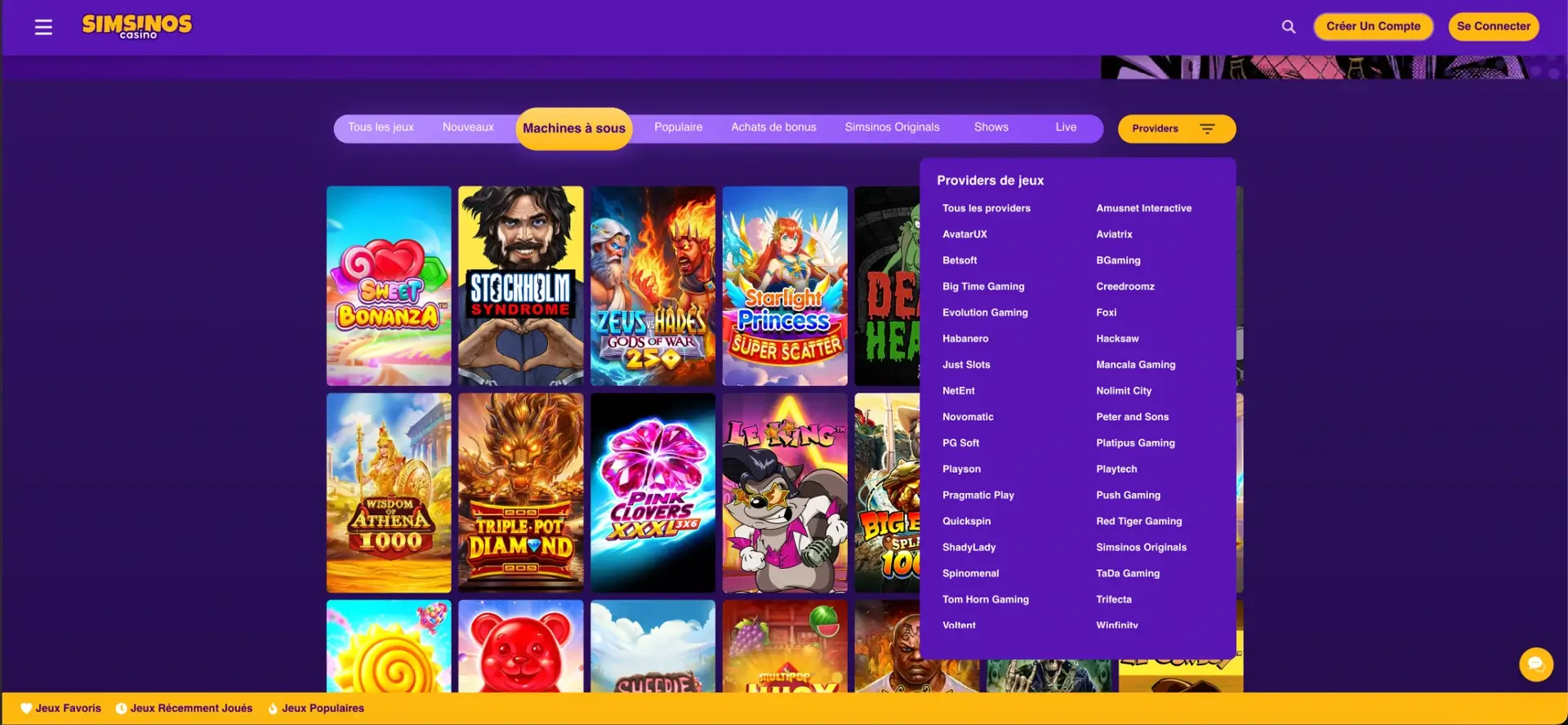Fournisseurs de jeux disponibles sur Simsinos Casino